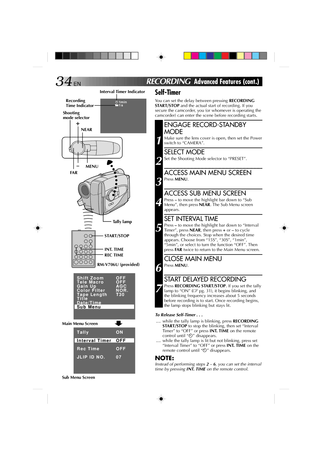 JVC GR-AX1027 manual Recording, Near Menu FAR, Tally lamp, START/STOP INT. Time REC Time, To Release Self-Timer 