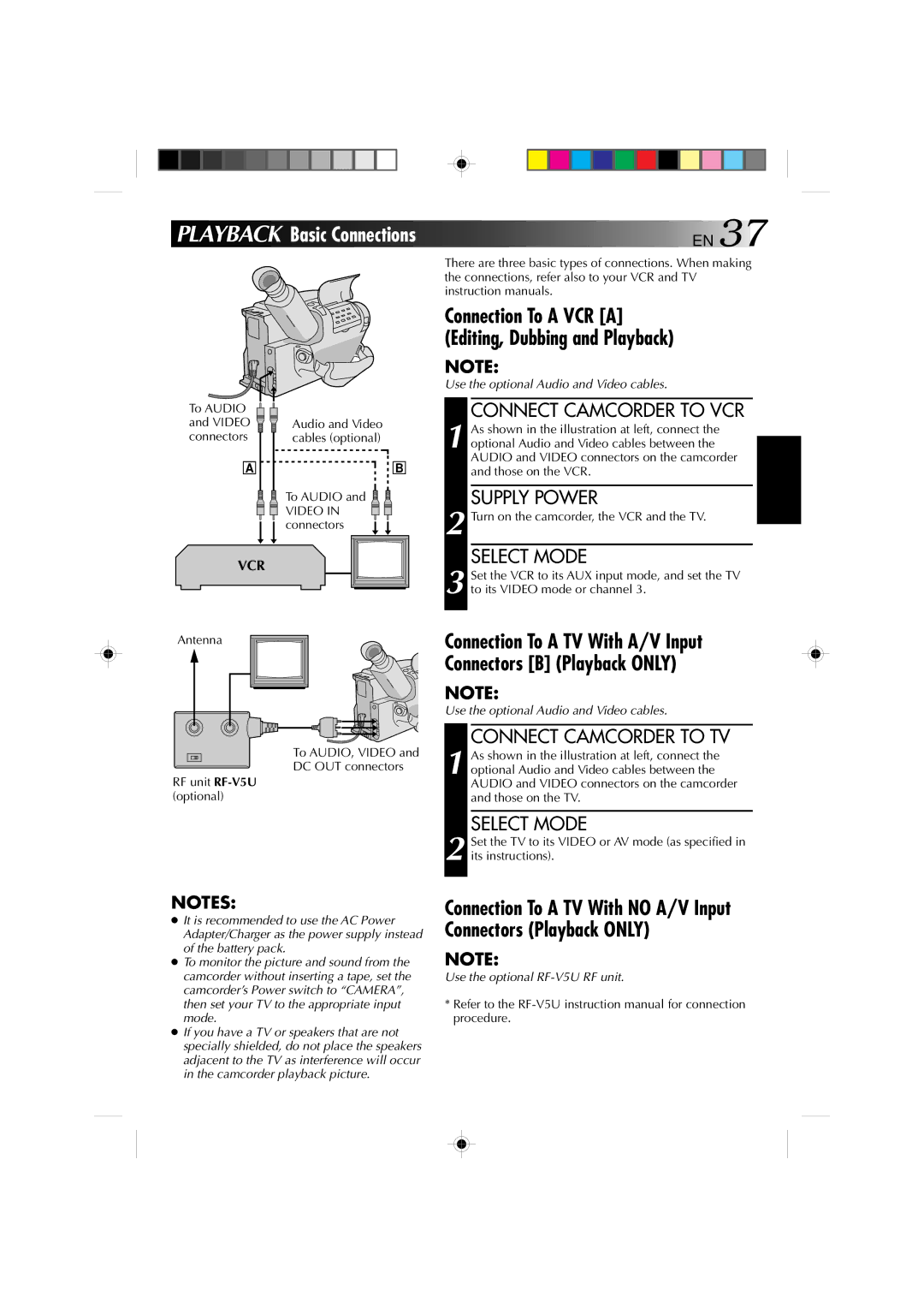 JVC GR-AX1027 Playback Basic Connections EN, Connection To a VCR a Editing, Dubbing and Playback, Connect Camcorder to VCR 