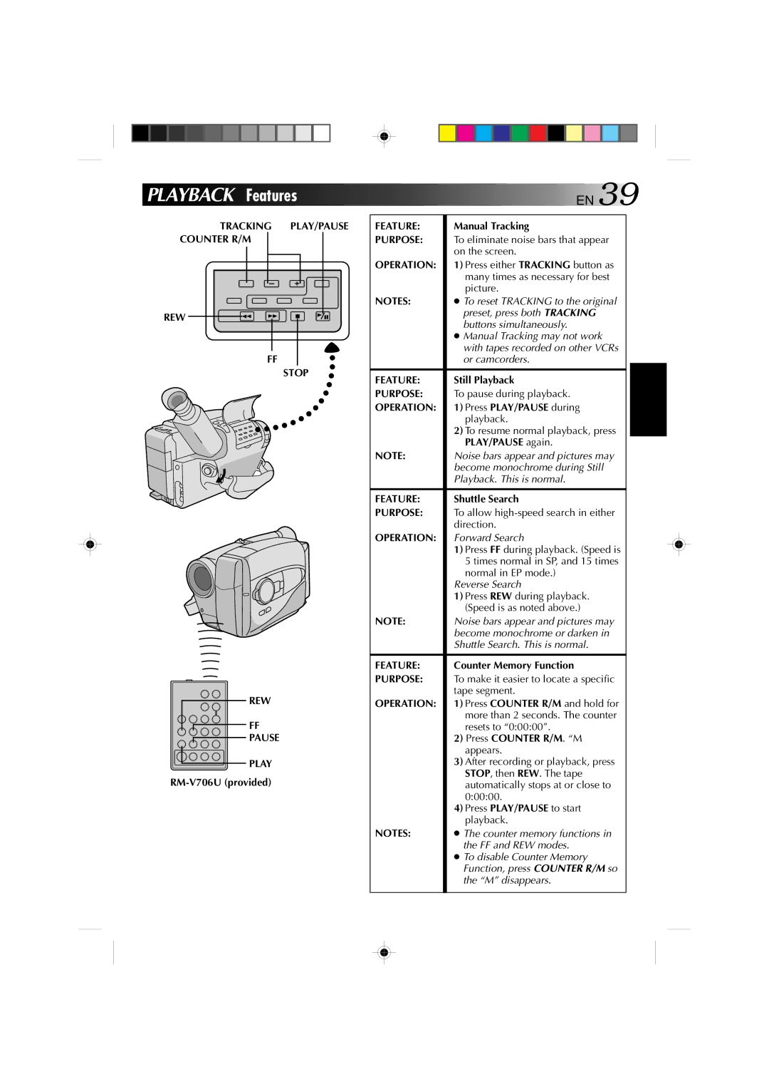 JVC GR-AX1027 manual Playback Features, Tracking PLAY/PAUSE Counter R/M REW Stop Pause Play 