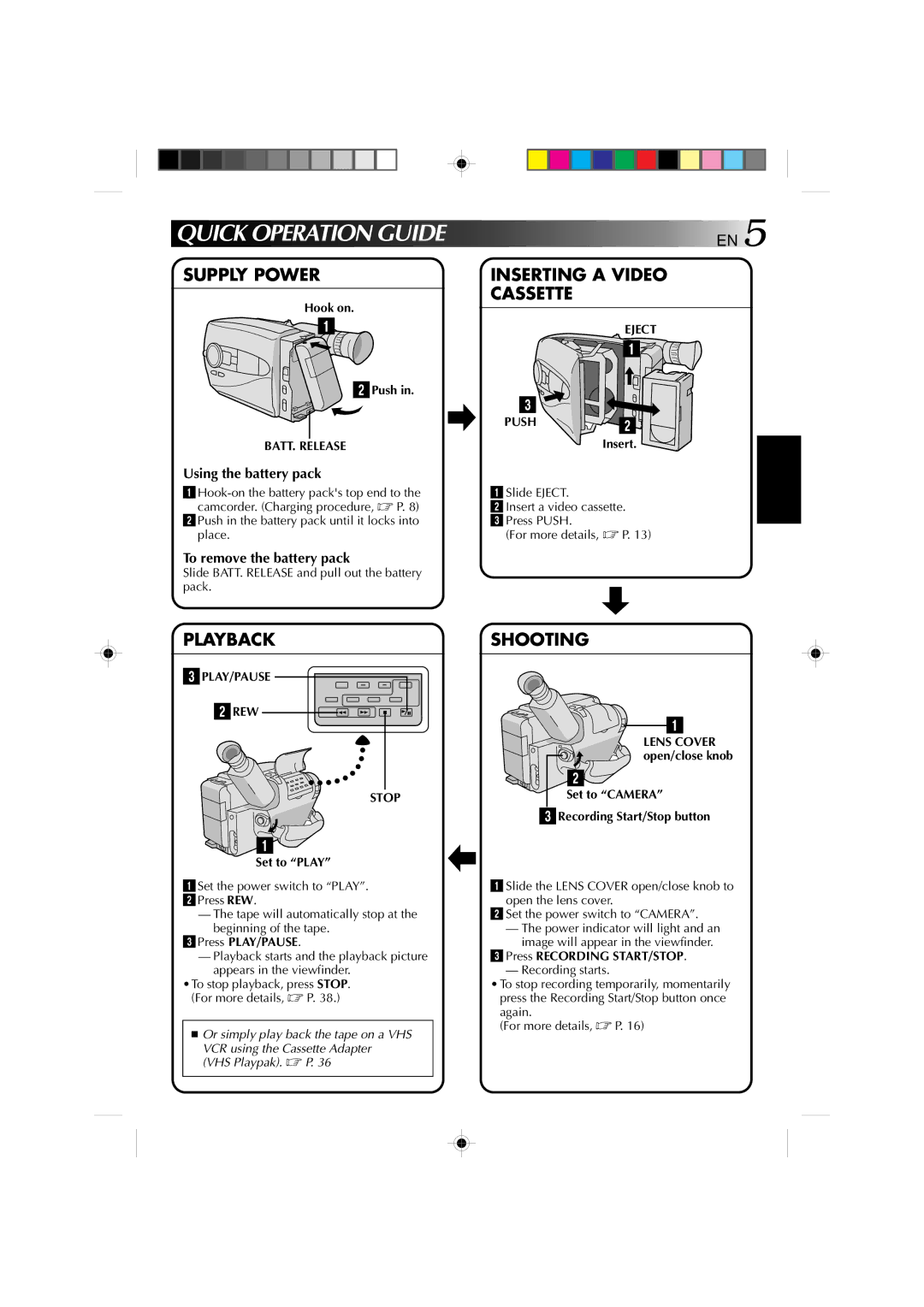 JVC GR-AX1027 manual Quick Operation Guide, Supply Power Inserting a Video Cassette, Playback, Shooting 