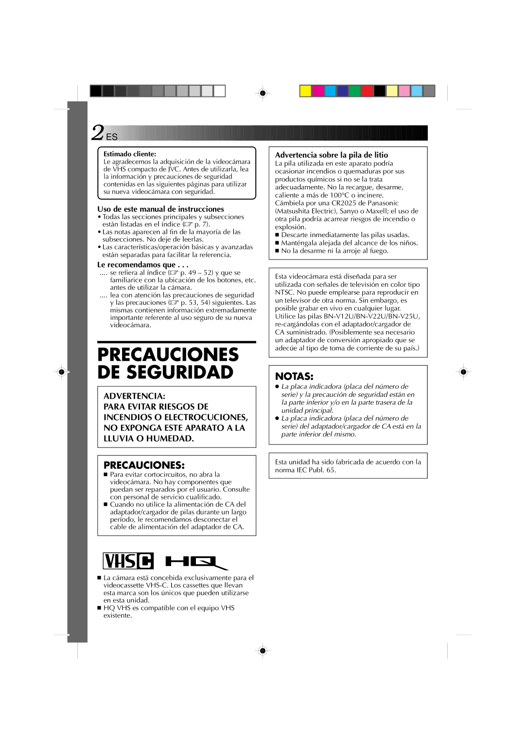 JVC GR-AX1027 Precauciones, Notas, Uso de este manual de instrucciones, Advertencia sobre la pila de litio 