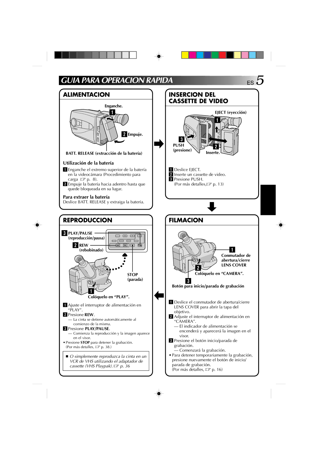 JVC GR-AX1027 manual Guia Para Operacion Rapida, Alimentacion, Reproduccion, Filmacion 