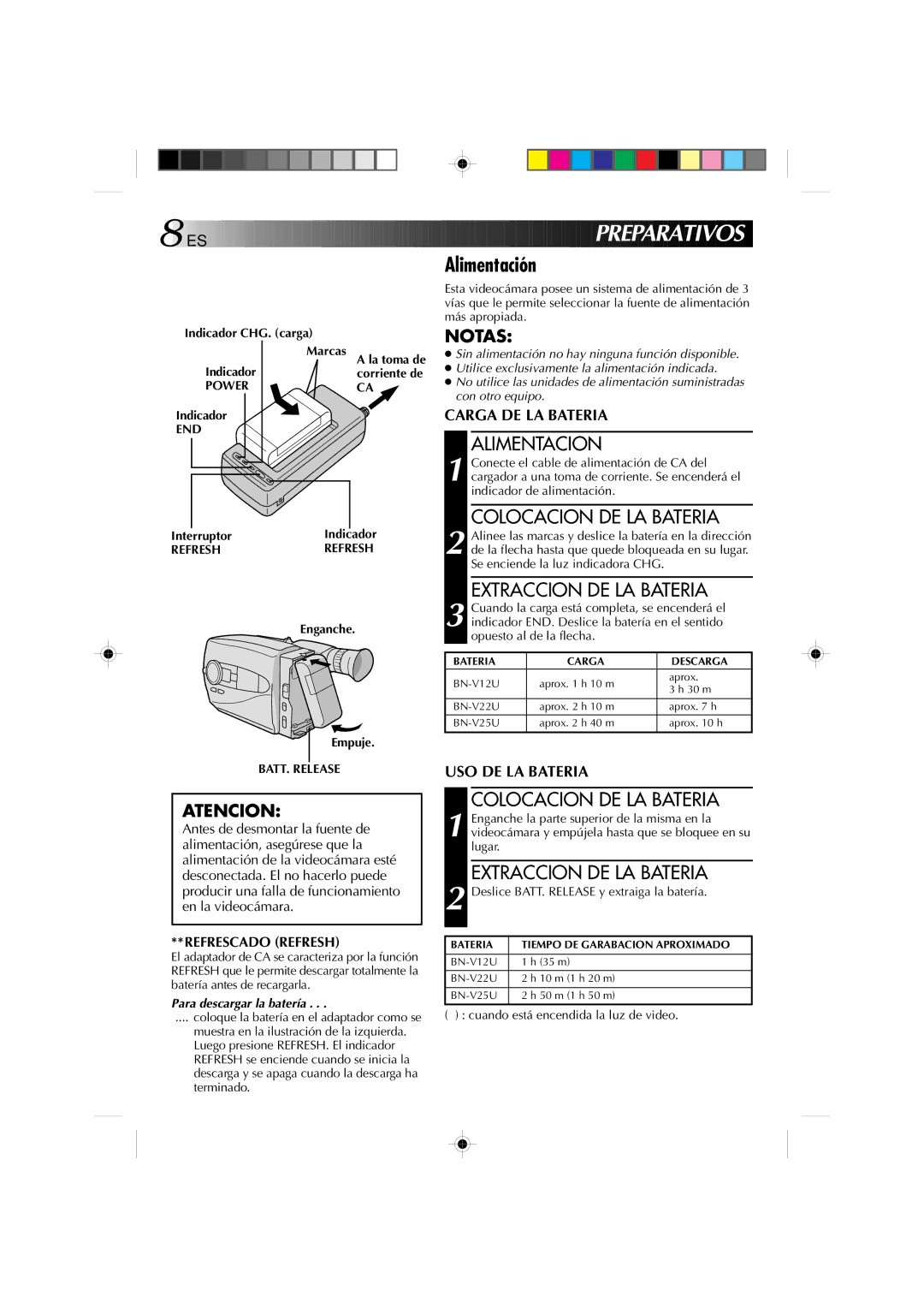 JVC GR-AX1027 manual PRE Para T Ivos, Alimentación, Alimentacion, Colocacion DE LA Bateria, Extraccion DE LA Bateria 