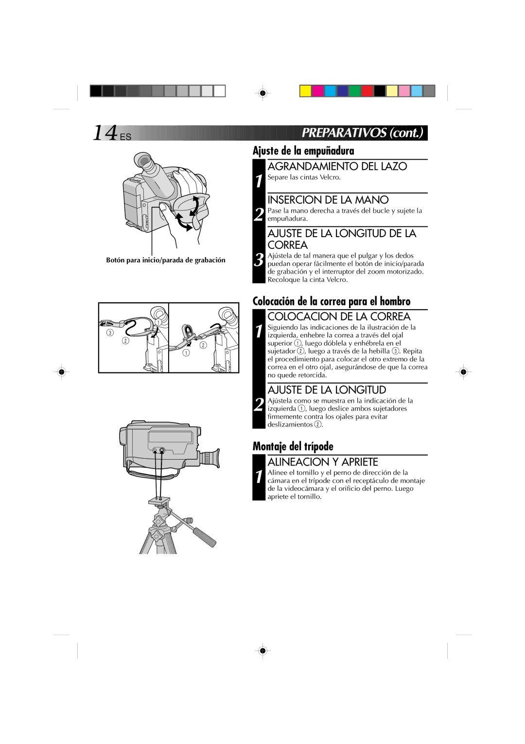 JVC GR-AX1027 manual Prepara T Ivos, Ajuste de la empuñadura, Colocación de la correa para el hombro, Montaje del trípode 