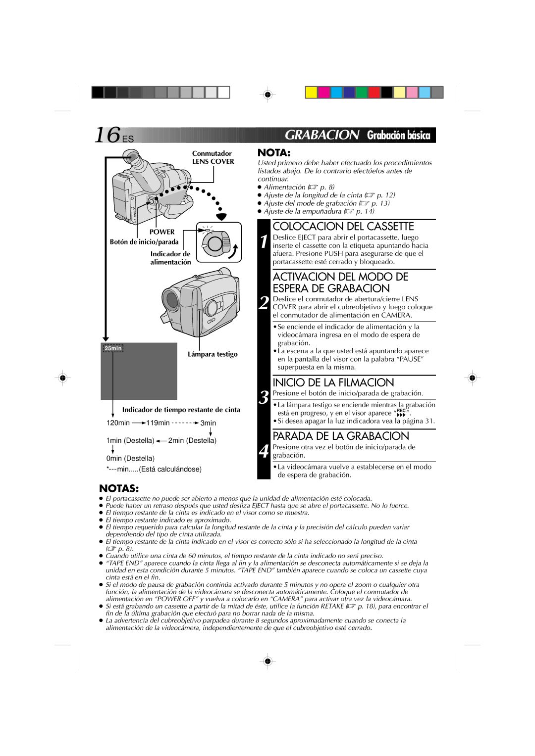 JVC GR-AX1027 manual Rabacion Grabación básica, Colocacion DEL Cassette, Inicio DE LA Filmacion, Parada DE LA Grabacion 