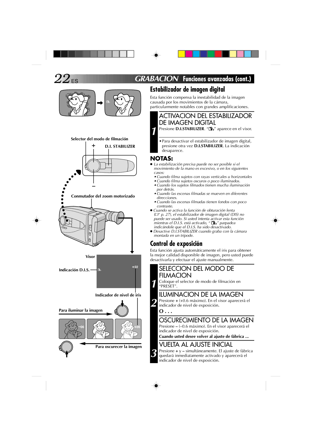 JVC GR-AX1027 manual RAB AC ION Funciones a vanzadas, Estabilizador de imagen digital, Control de exposición 