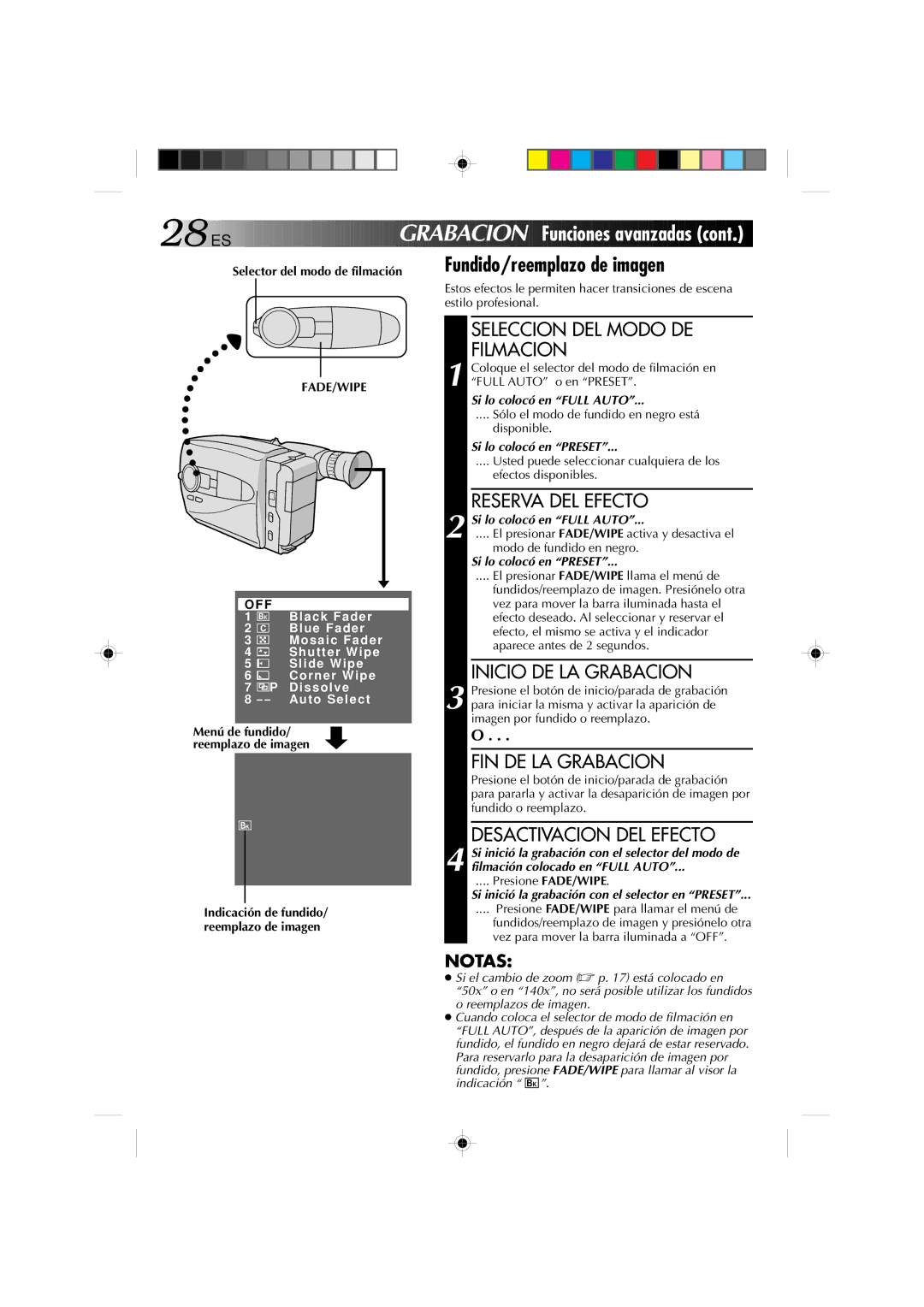 JVC GR-AX1027 manual Fundido/reemplazo de imagen, Reserva DEL Efecto, Inicio DE LA Grabacion, FIN DE LA Grabacion 