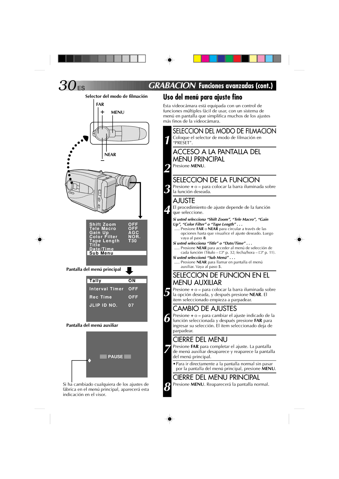 JVC GR-AX1027 manual Grabacion Funciones a vanzadas, Uso del menú para ajuste fino 