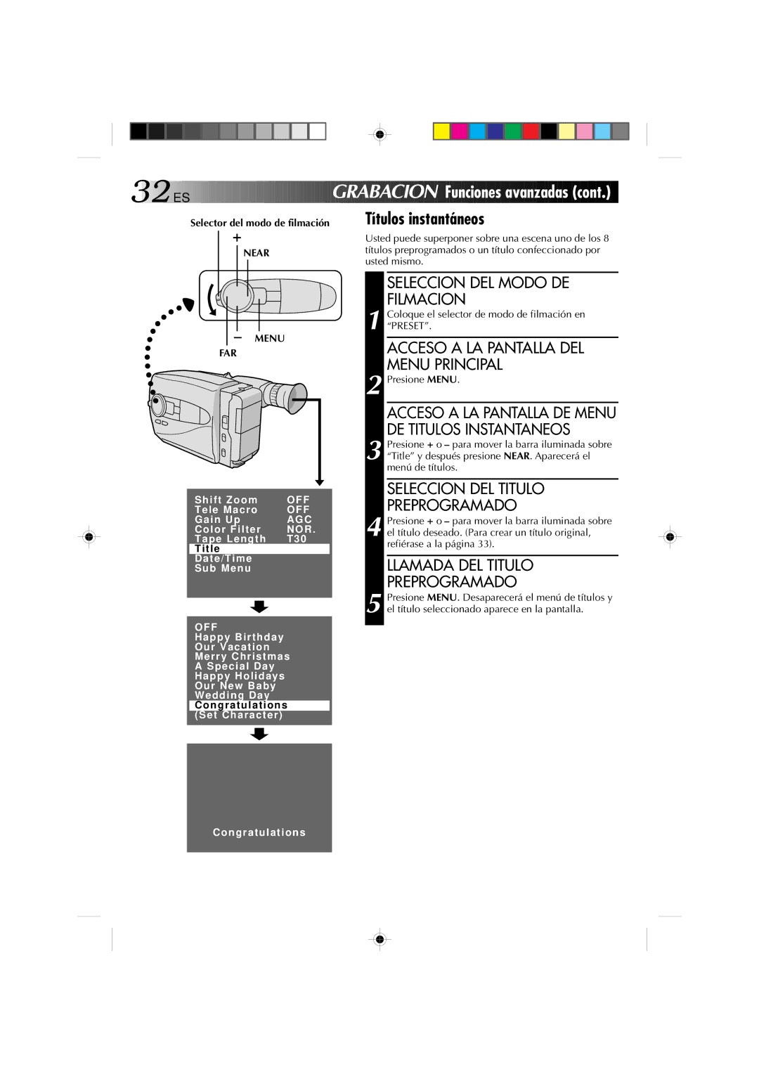 JVC GR-AX1027 manual Títulos instantáneos, Seleccion DEL Titulo Preprogramado, Llamada DEL Titulo Preprogramado 