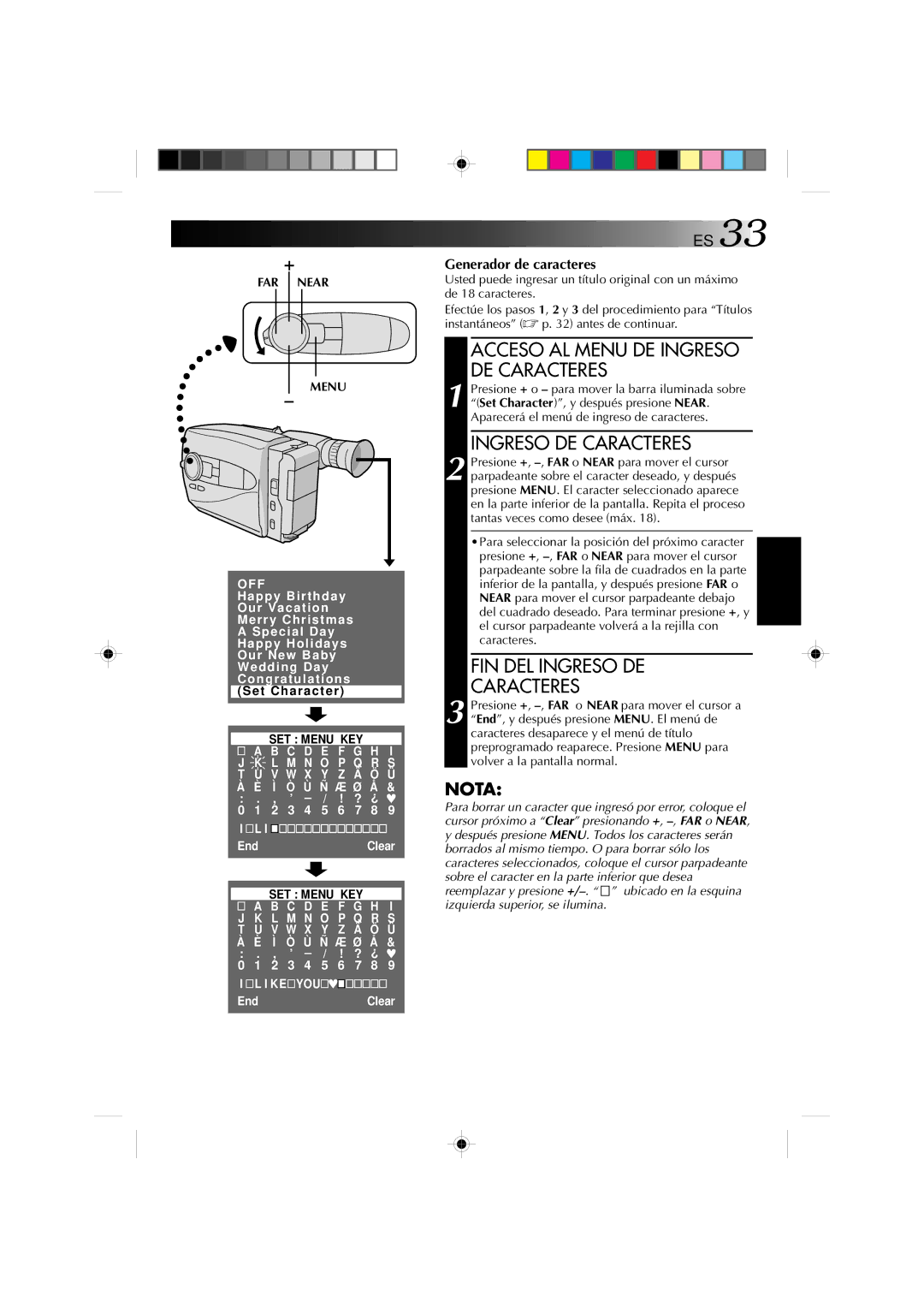 JVC GR-AX1027 manual Acceso AL Menu DE Ingreso DE Caracteres, FIN DEL Ingreso DE Caracteres, Generador de caracteres 