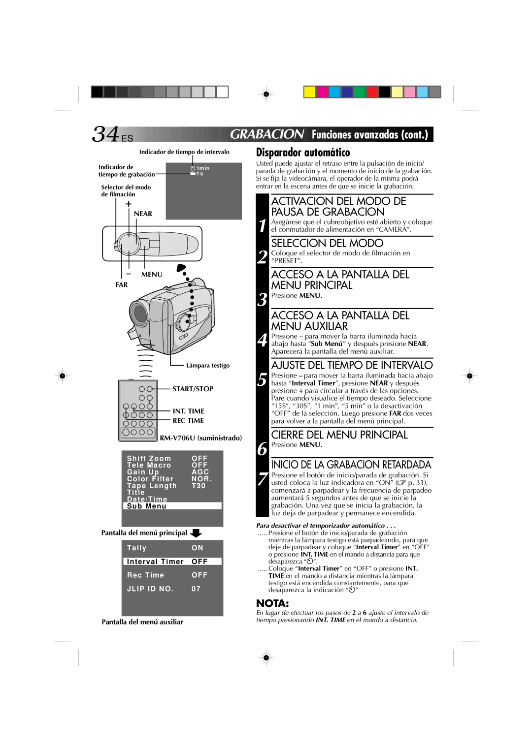 JVC GR-AX1027 manual Pantalla del menú principal, Pantalla del menú auxiliar 