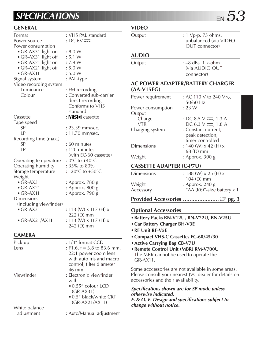 JVC GR-AX11EG instruction manual Specifications 