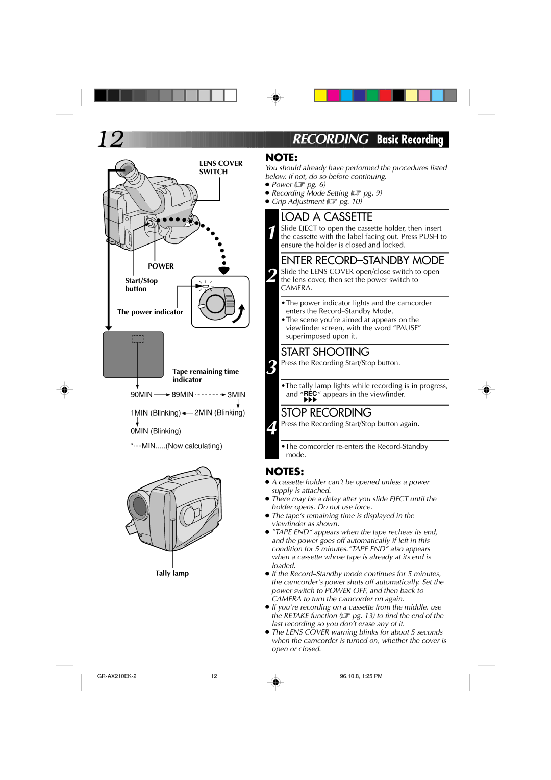 JVC GR-AX210 Load a Cassette, Enter RECORD-STANDBY Mode, Start Shooting, Stop Recording, Lens Cover Switch Power 