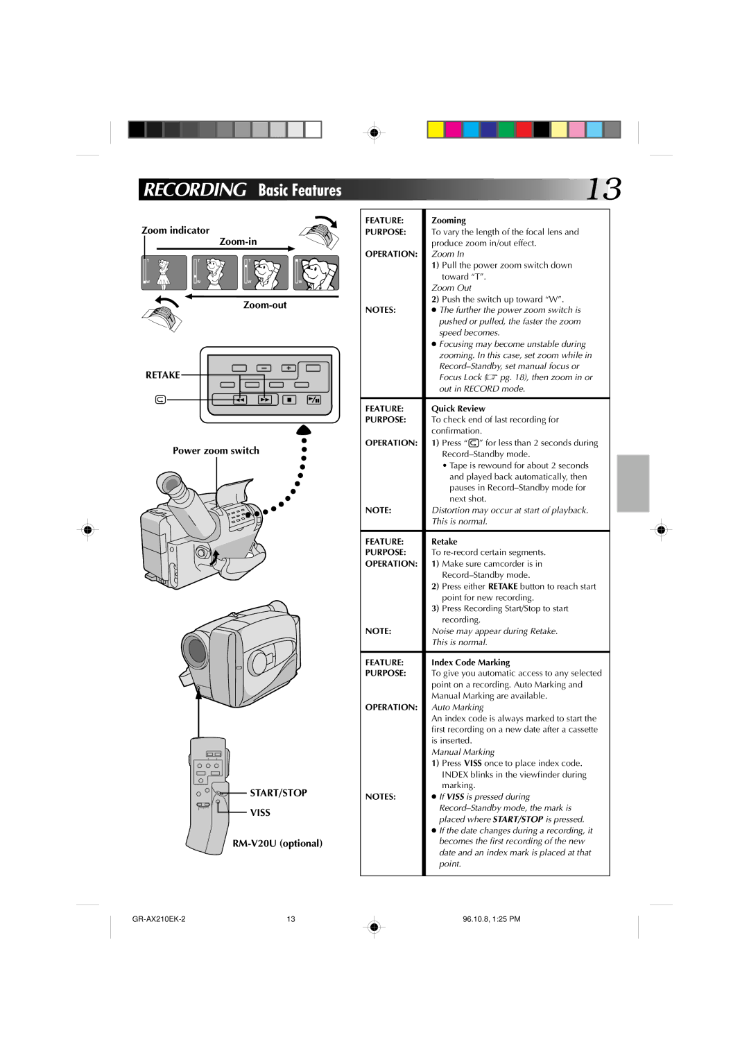 JVC GR-AX210 specifications Zoom indicator Zoom-in, Retake, Power zoom switch, START/STOP Viss, RM-V20U optional 