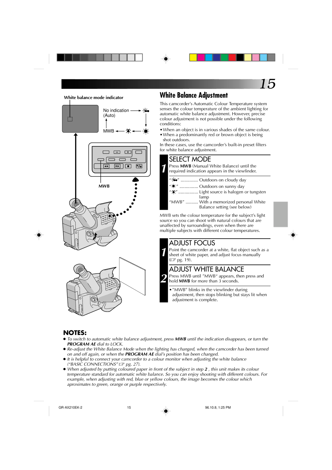 JVC GR-AX210 specifications White Balance Adjustment, Adjust Focus, Adjust White Balance, White balance mode indicator, Mwb 