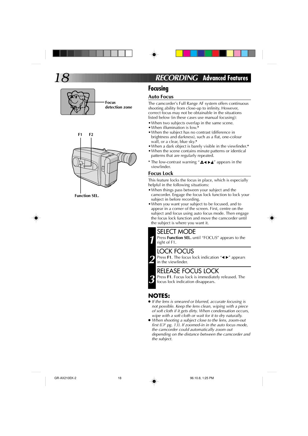 JVC GR-AX210 specifications Focusing, Lock Focus, Release Focus Lock, F1 F2 Function SEL 