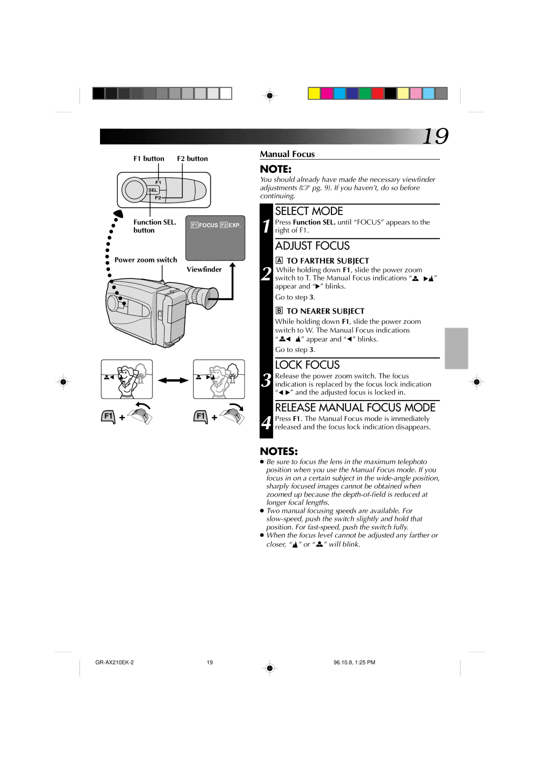 JVC GR-AX210 specifications Release Manual Focus Mode, Button 