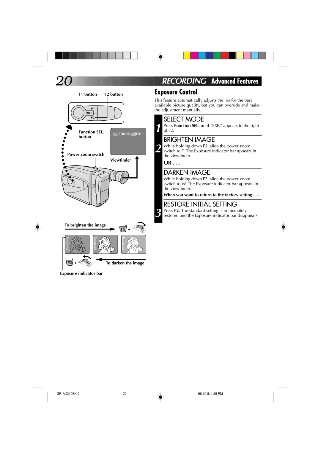 JVC GR-AX210 specifications Exposure Control, Darken Image, Restore Initial Setting 