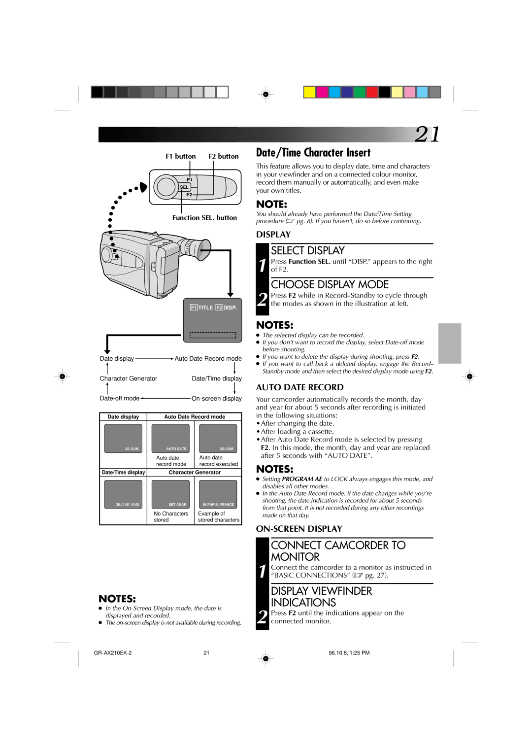 JVC GR-AX210 specifications Date/Time Character Insert, Select Display, Choose Display Mode, Connect Camcorder to Monitor 