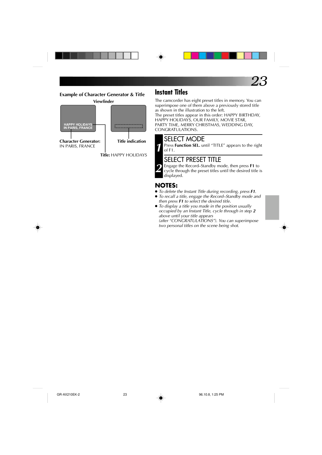 JVC GR-AX210 specifications Instant Titles, Select Preset Title, Example of Character Generator & Title 