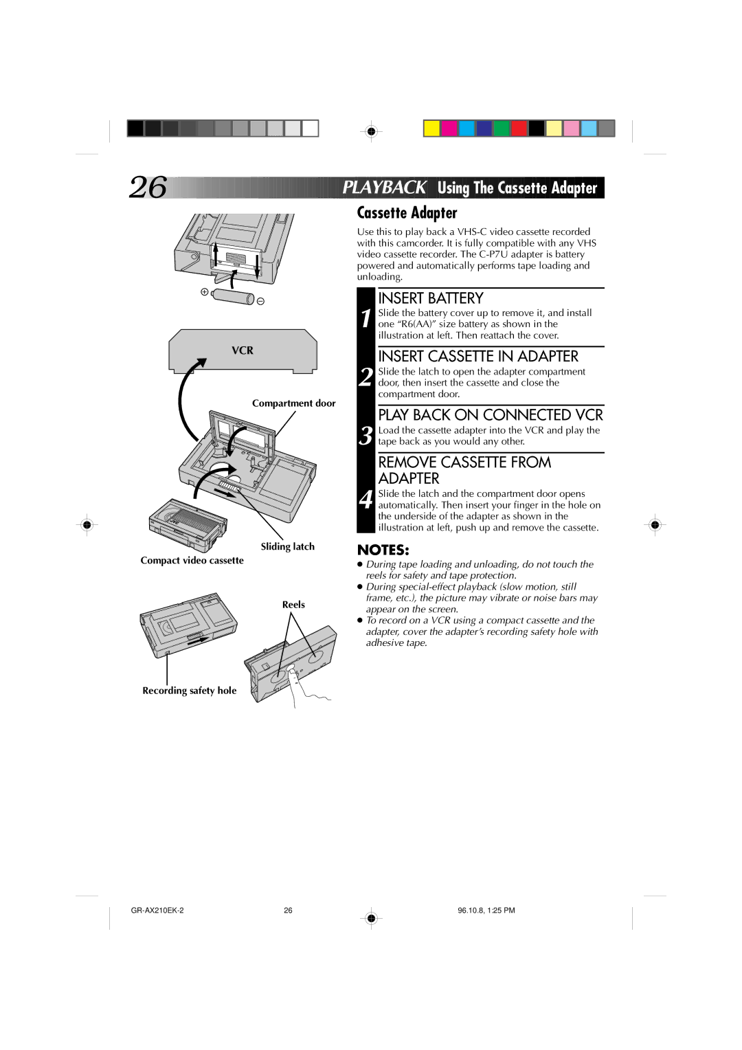 JVC GR-AX210 Cassette Adapter, Insert Cassette in Adapter, Play Back on Connected VCR, Remove Cassette from Adapter 