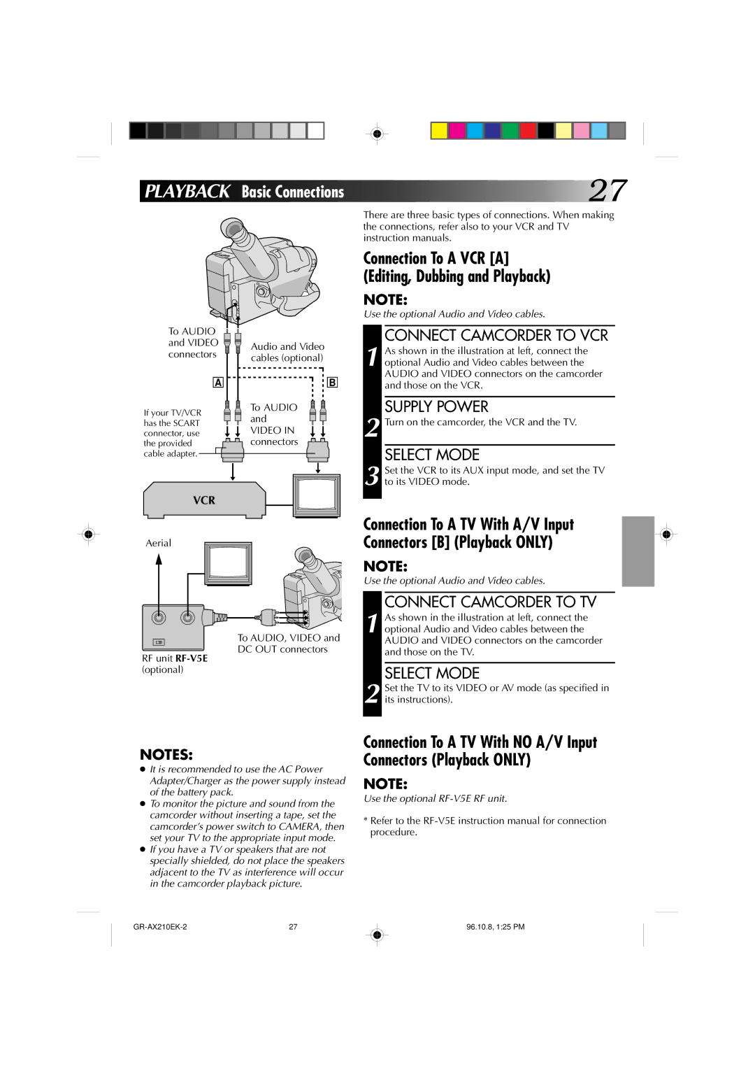 JVC GR-AX210 Connect Camcorder to VCR, Connect Camcorder to TV, Connection To a VCR a Editing, Dubbing and Playback 