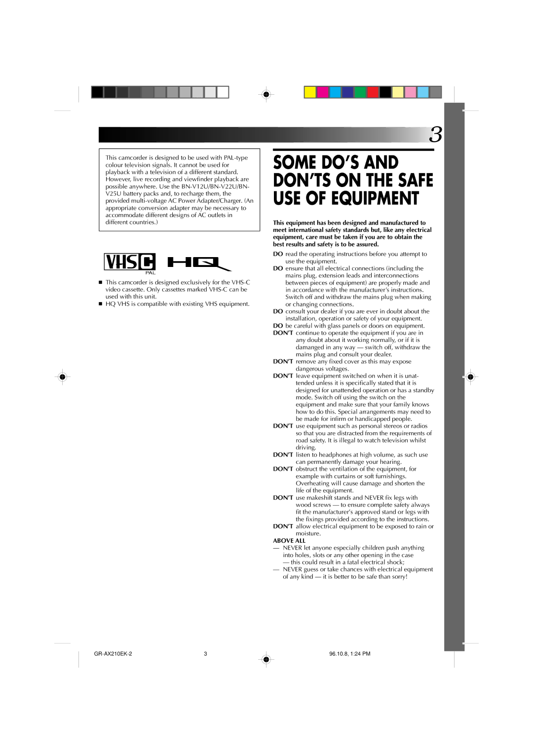 JVC GR-AX210 specifications Some DO’S and DON’TS on the Safe USE of Equipment 