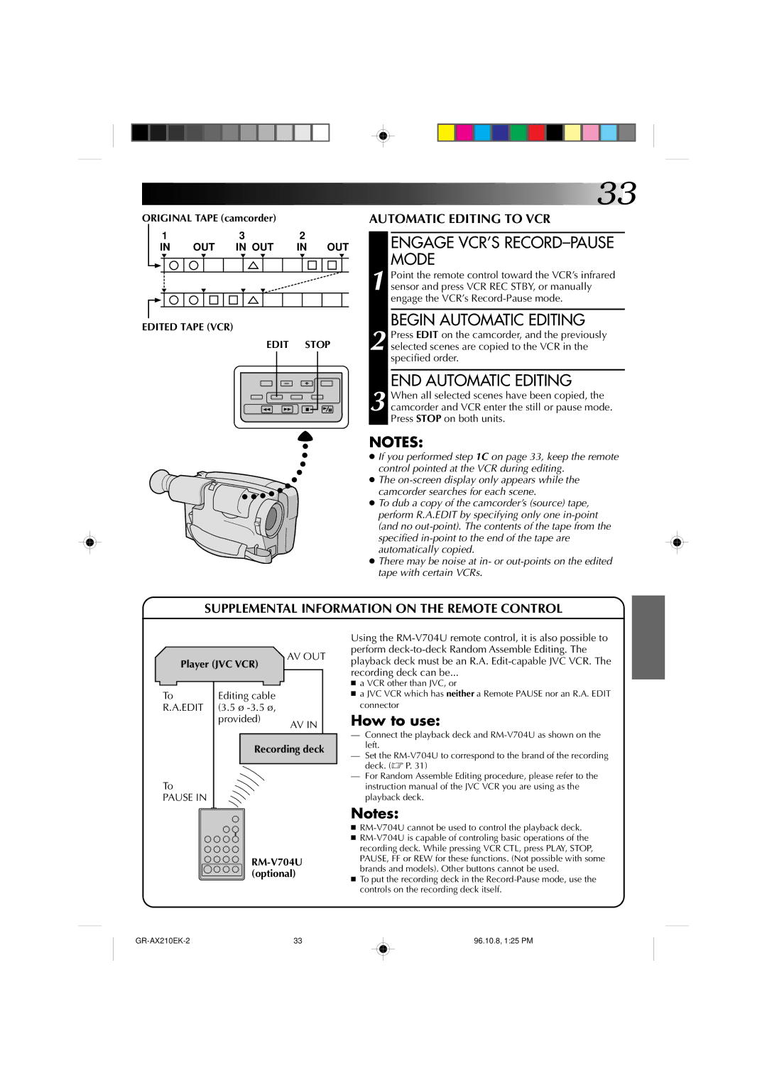 JVC GR-AX210 specifications Engage VCR’S RECORD-PAUSE Mode, Begin Automatic Editing, END Automatic Editing, Player JVC VCR 