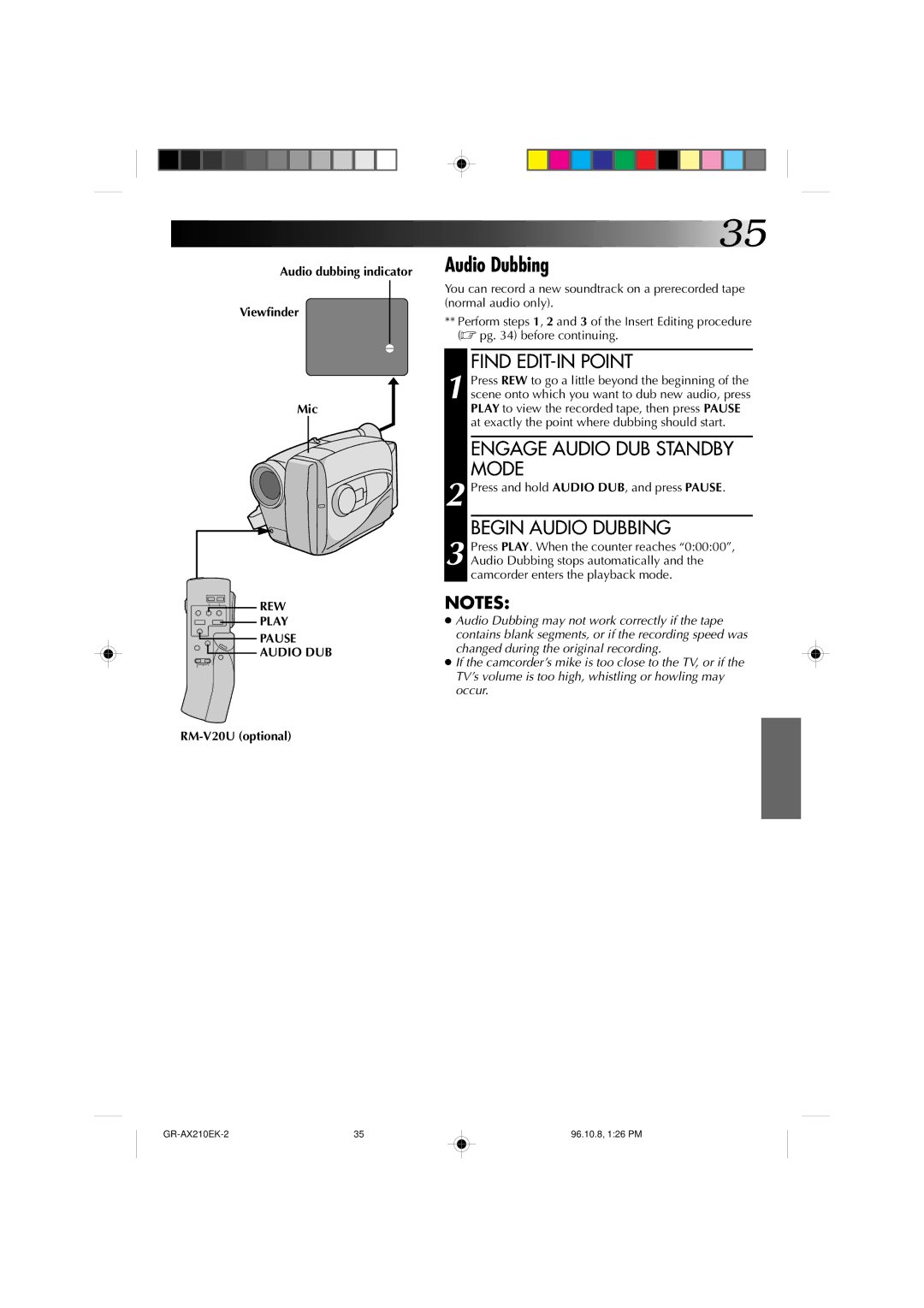 JVC GR-AX210 specifications Engage Audio DUB Standby Mode, Begin Audio Dubbing, Audio dubbing indicator Viewfinder Mic 