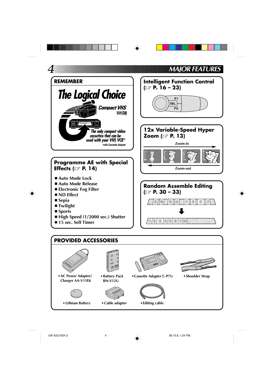 JVC GR-AX210 specifications Ajor Features, Zoom-in, Zoom-out, AC Power Adapter Battery Pack Cassette Adapter C-P7U 