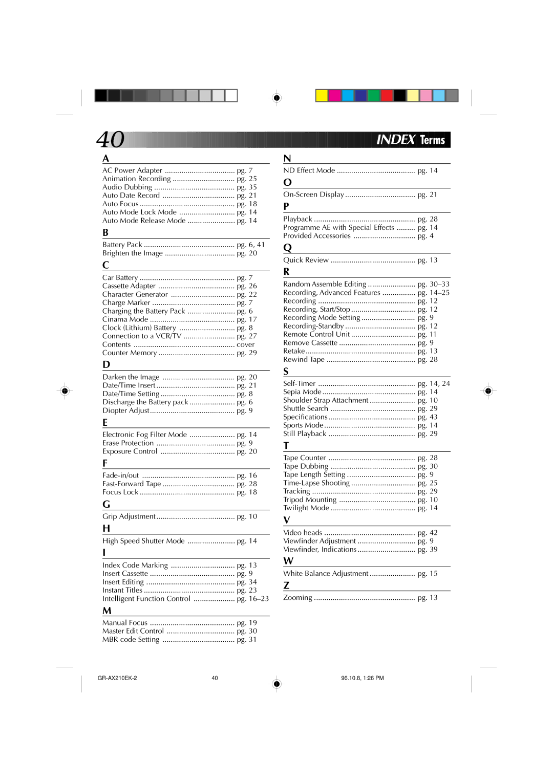 JVC GR-AX210 specifications Ndex Terms, Auto Mode Lock Mode 