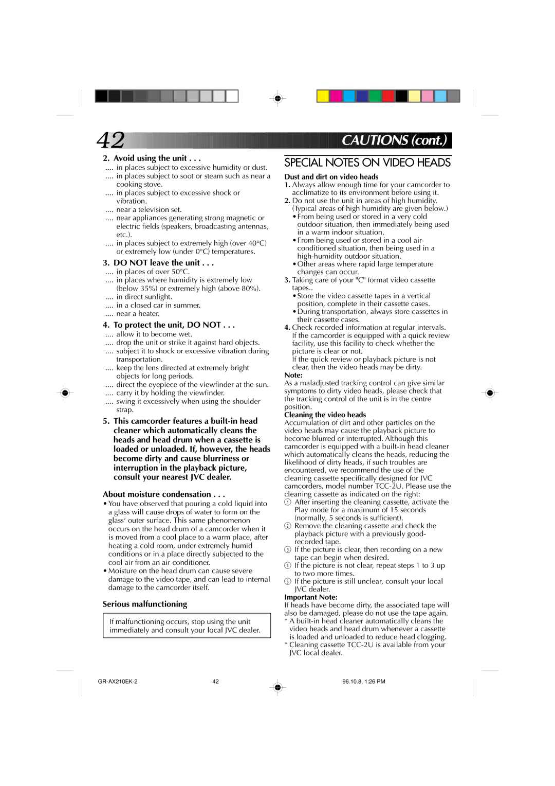 JVC GR-AX210 specifications Special Notes on Video Heads 