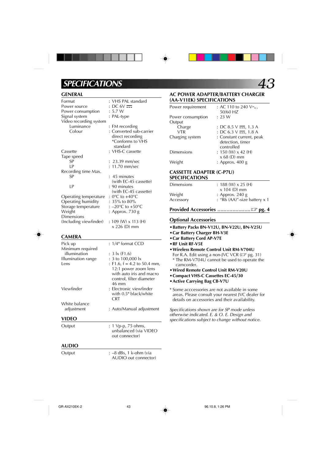 JVC GR-AX210 specifications Specifications 