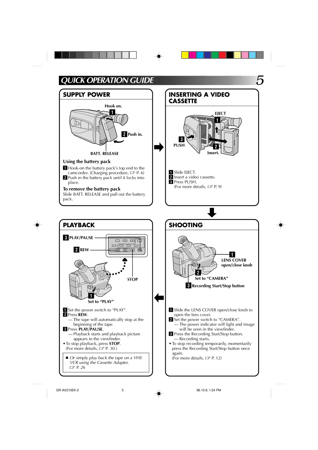 JVC GR-AX210 Using the battery pack, To remove the battery pack, BATT. Release, Eject Push, 3PLAY/PAUSE 2REW Stop 