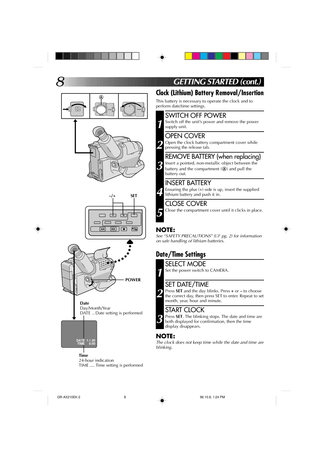 JVC GR-AX210 specifications Getting Started, Clock Lithium Battery Removal/Insertion, Date/Time Settings 