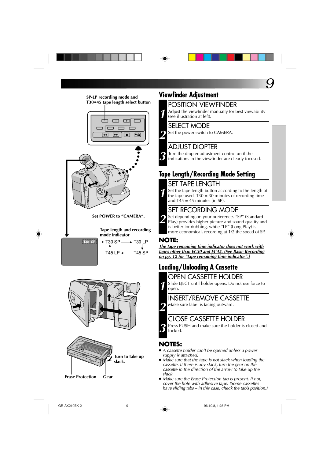 JVC GR-AX210 specifications Viewfinder Adjustment, Tape Length/Recording Mode Setting, Loading/Unloading a Cassette 