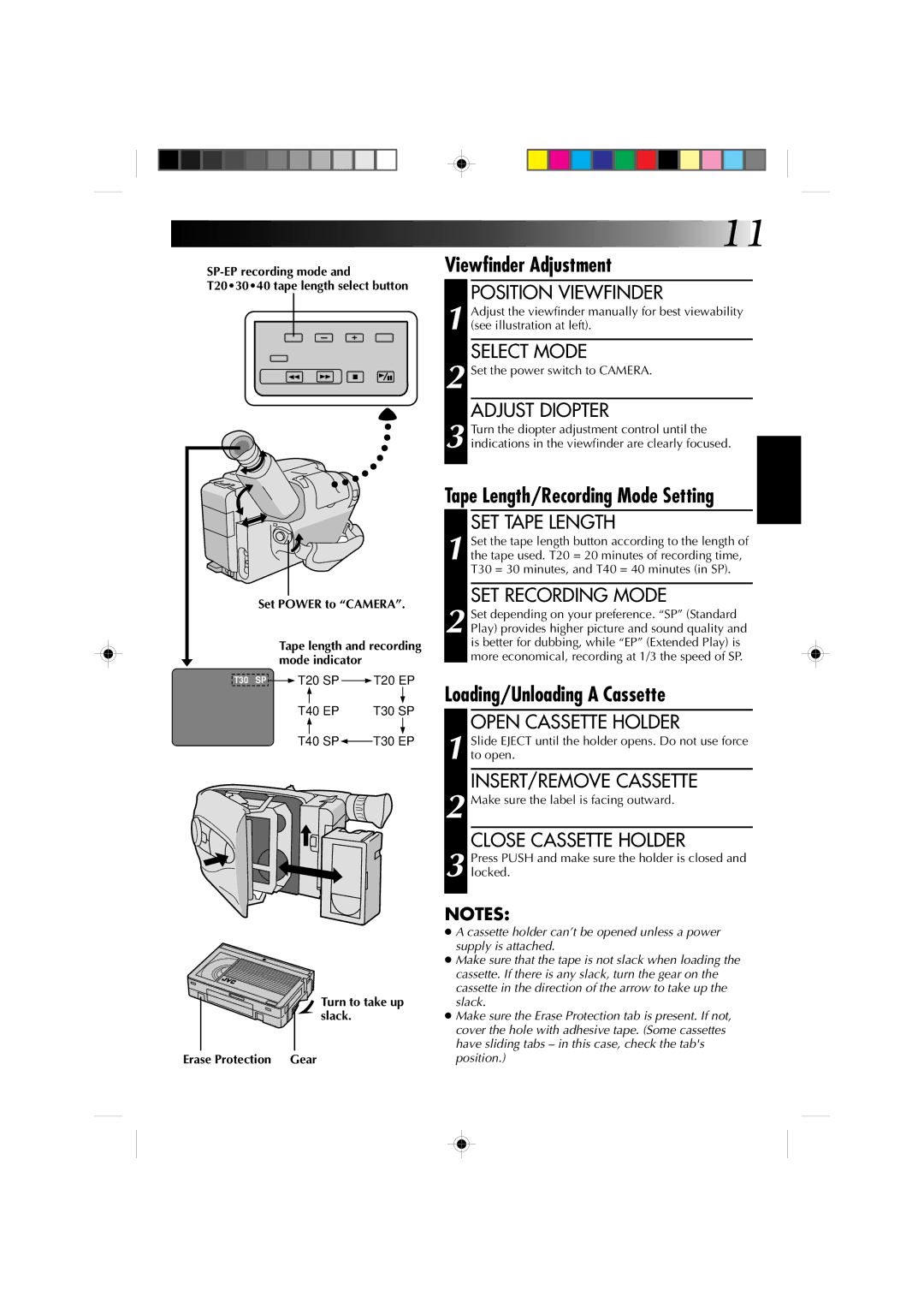 JVC GR-AX227 manual Viewfinder Adjustment, Tape Length/Recording Mode Setting, Loading/Unloading a Cassette 