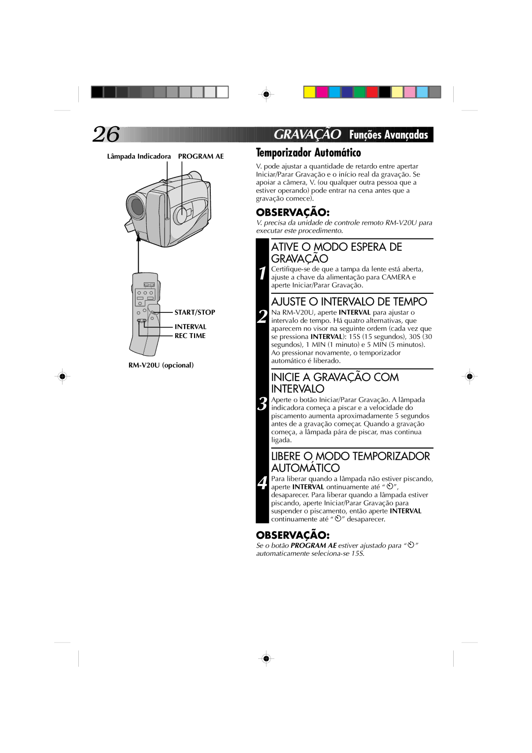 JVC GR-AX227 manual Lâmpada Indicadora Program AE, START/STOP Interval REC Time 