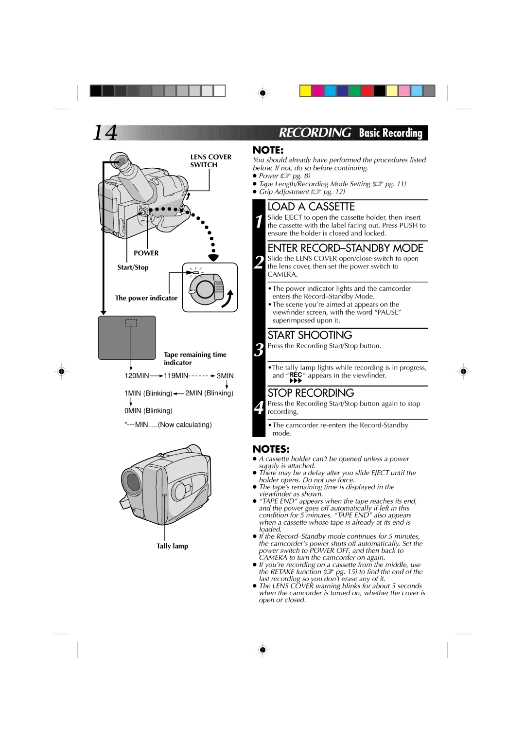 JVC GR-AX227 manual Lens Cover Switch Power, Start/Stop Power indicator Tape remaining time indicator, Tally lamp 