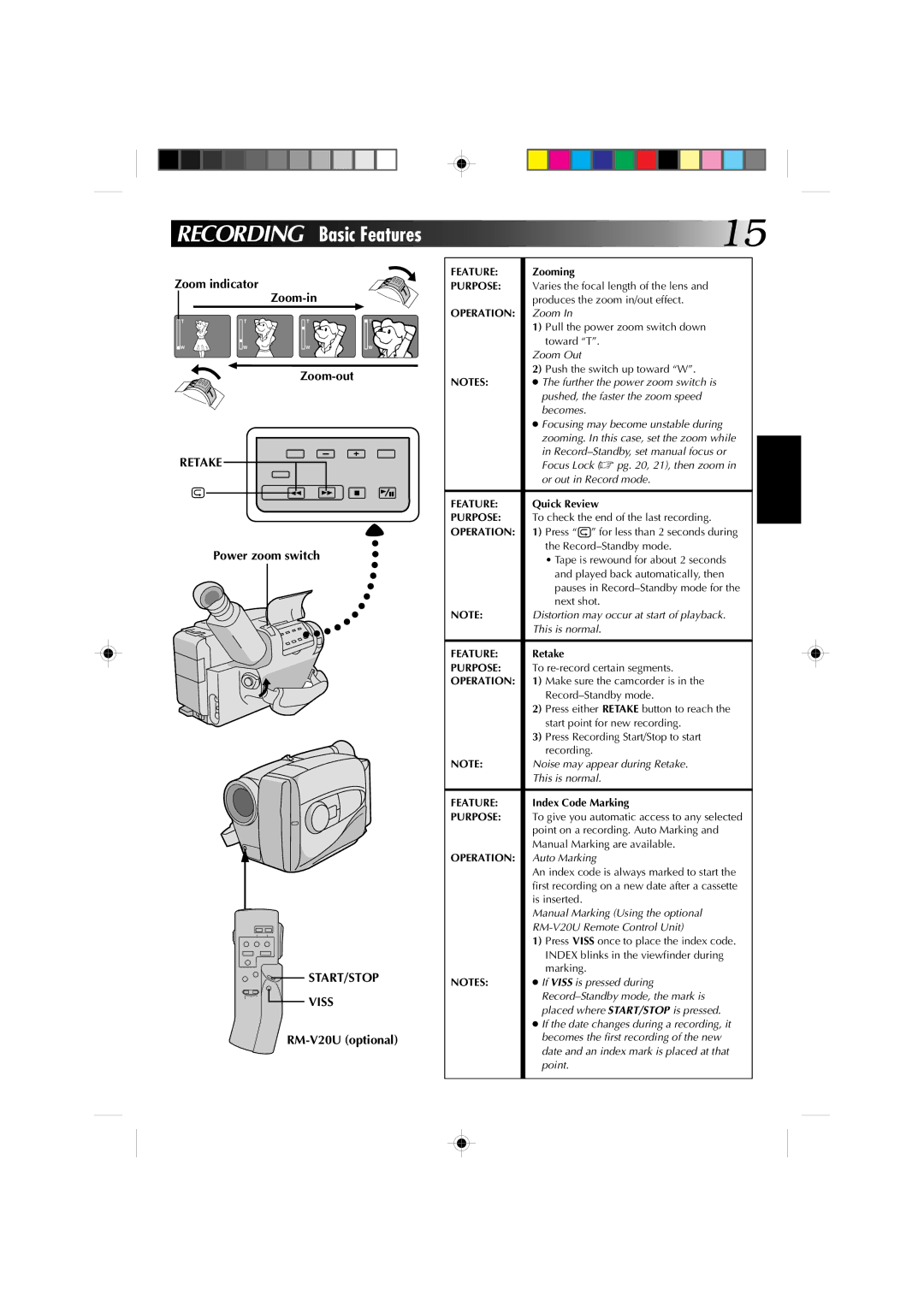 JVC GR-AX227 manual Zoom indicator Zoom-in, Retake, Power zoom switch, START/STOP Viss, RM-V20U optional 