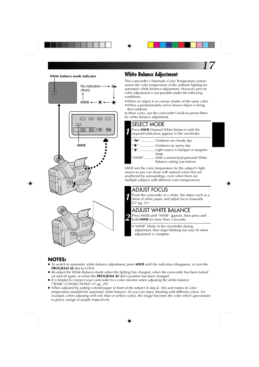 JVC GR-AX227 manual White Balance Adjustment, Adjust Focus, Adjust White Balance, White balance mode indicator, Mwb 