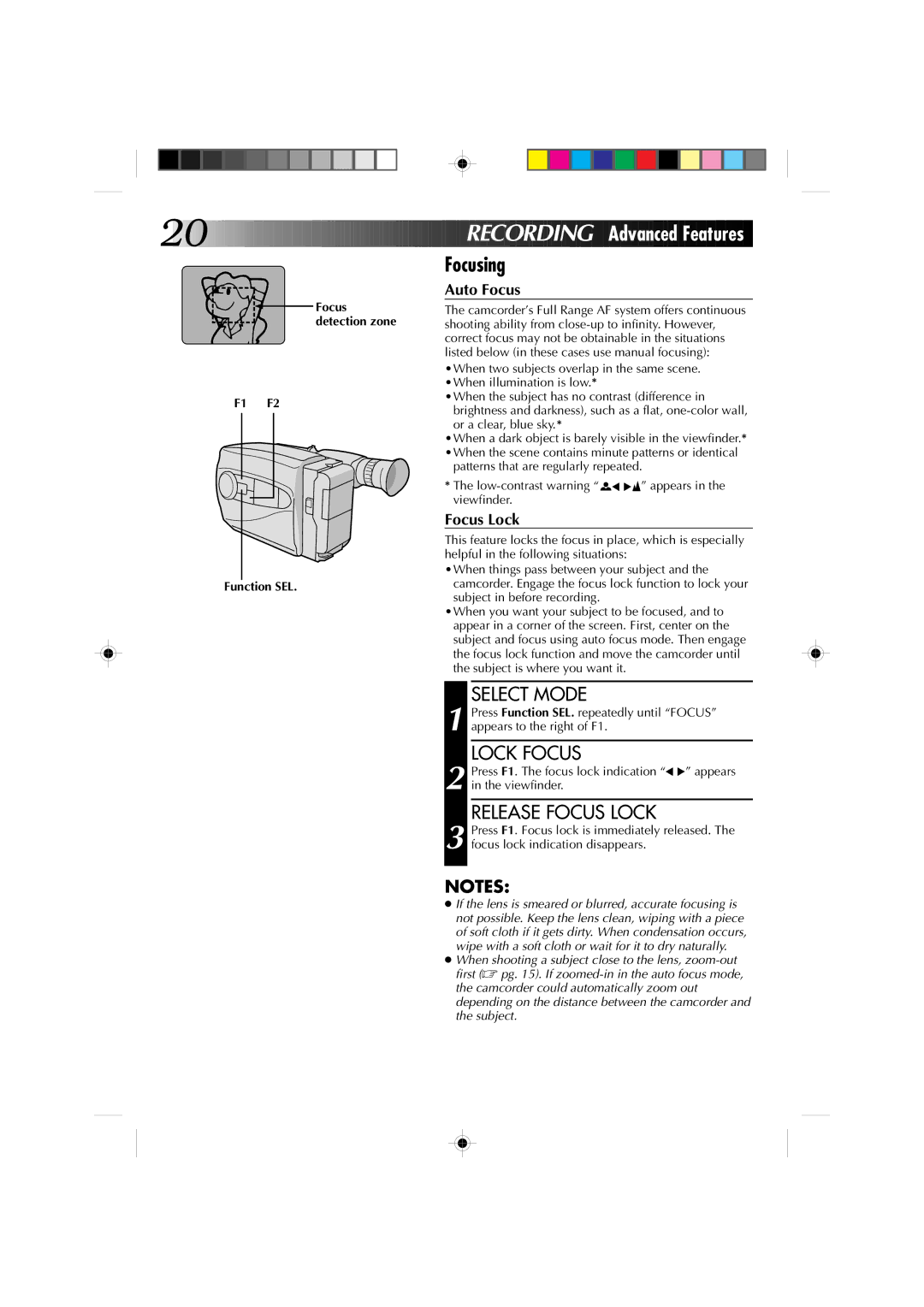 JVC GR-AX227 manual Focusing, Lock Focus, Release Focus Lock, F1 F2 Function SEL 