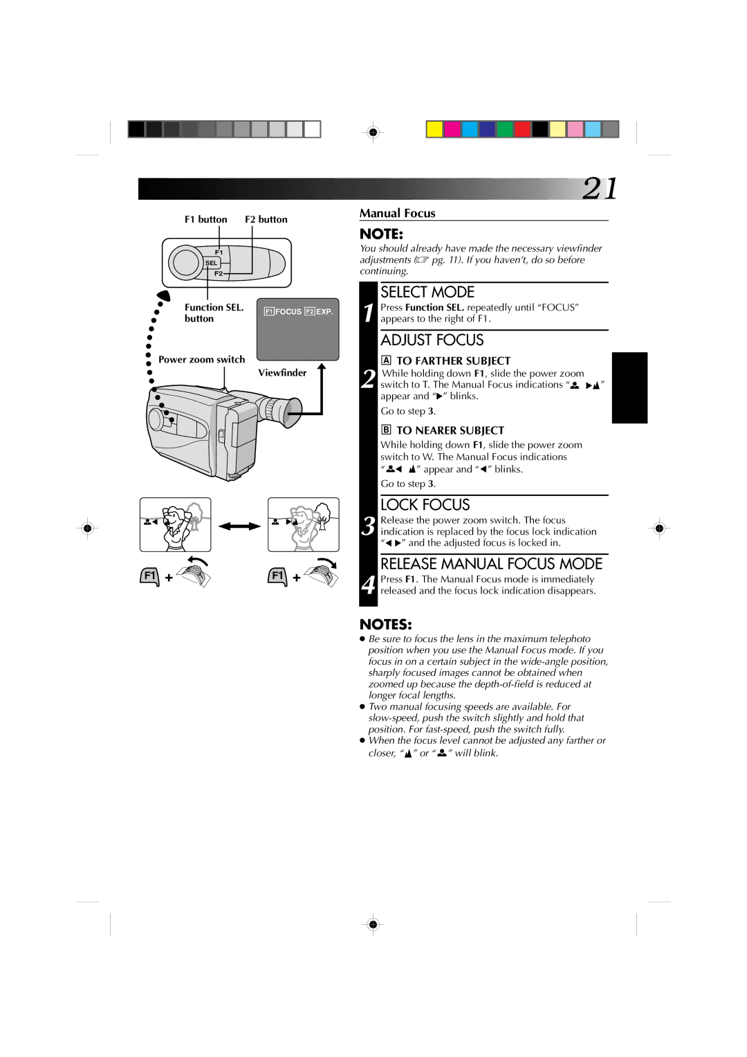 JVC GR-AX227 manual Release Manual Focus Mode, To Farther Subject, To Nearer Subject, Button, Viewfinder 