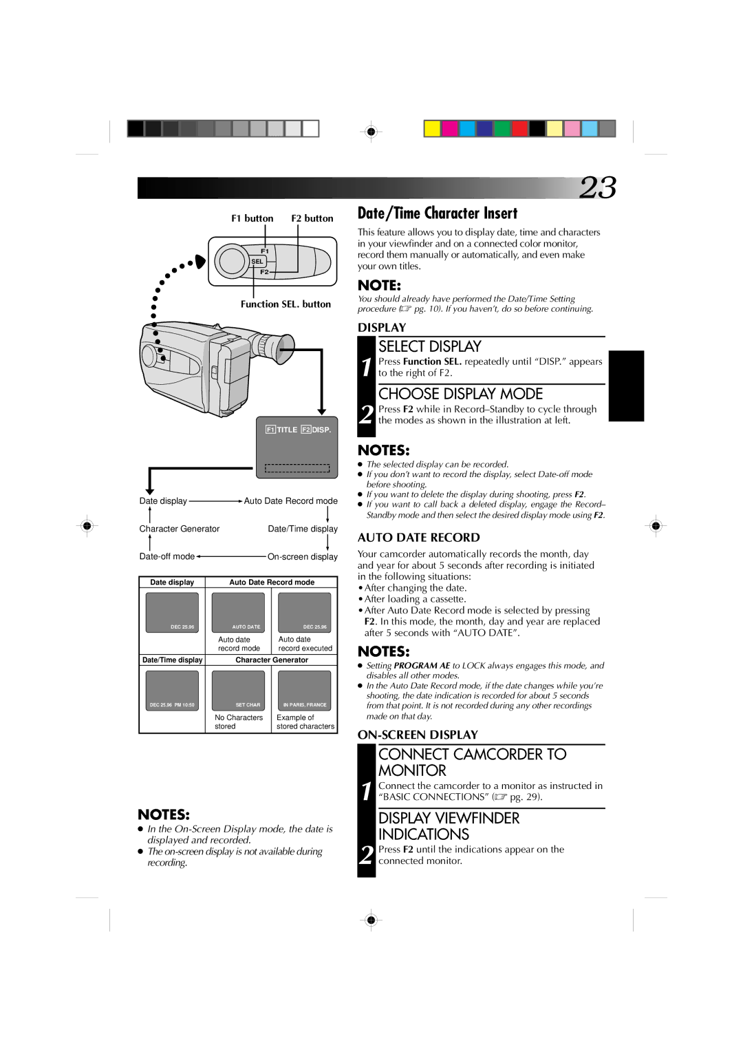 JVC GR-AX227 manual Date/Time Character Insert, Select Display, Choose Display Mode, Connect Camcorder to Monitor 