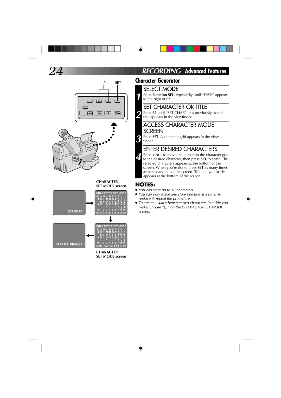 JVC GR-AX227 manual Character Generator, SET Character or Title, Access Character Mode, Screen, Enter Desired Characters 