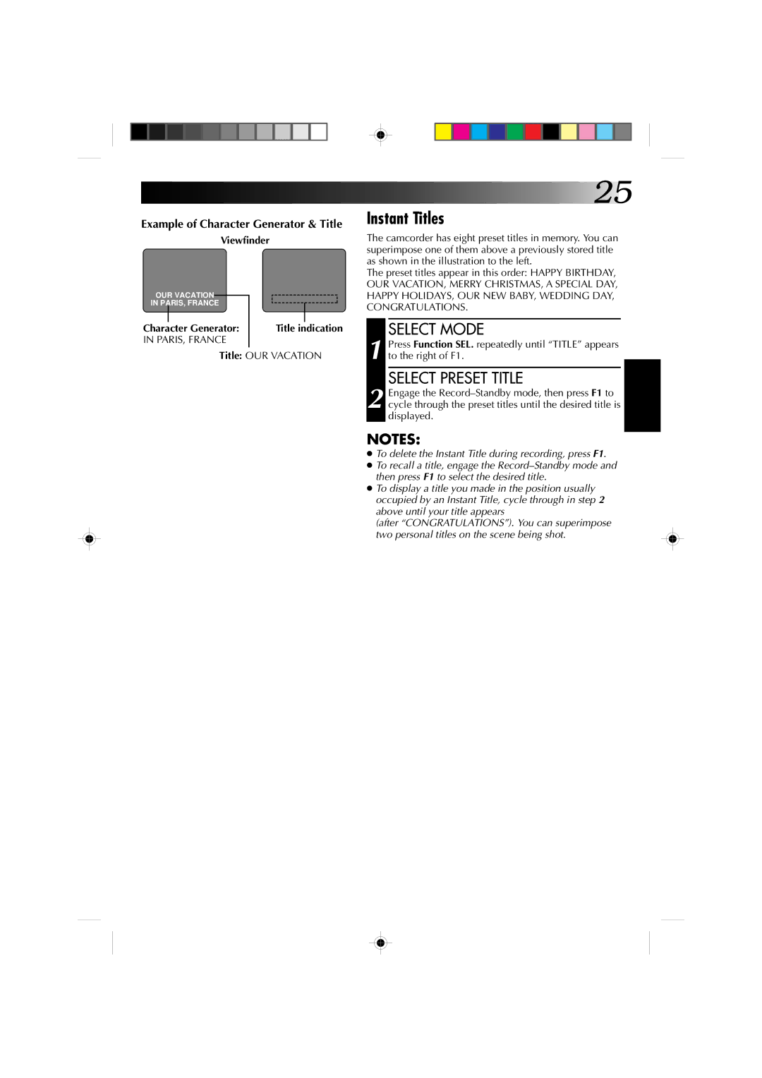 JVC GR-AX227 manual Instant Titles, Select Preset Title, Example of Character Generator & Title, Title indication 