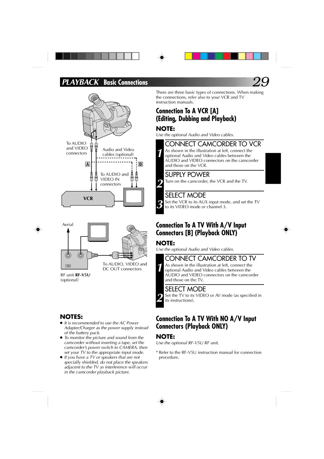 JVC GR-AX227 manual Connect Camcorder to VCR, Connect Camcorder to TV, Connection To a VCR a Editing, Dubbing and Playback 