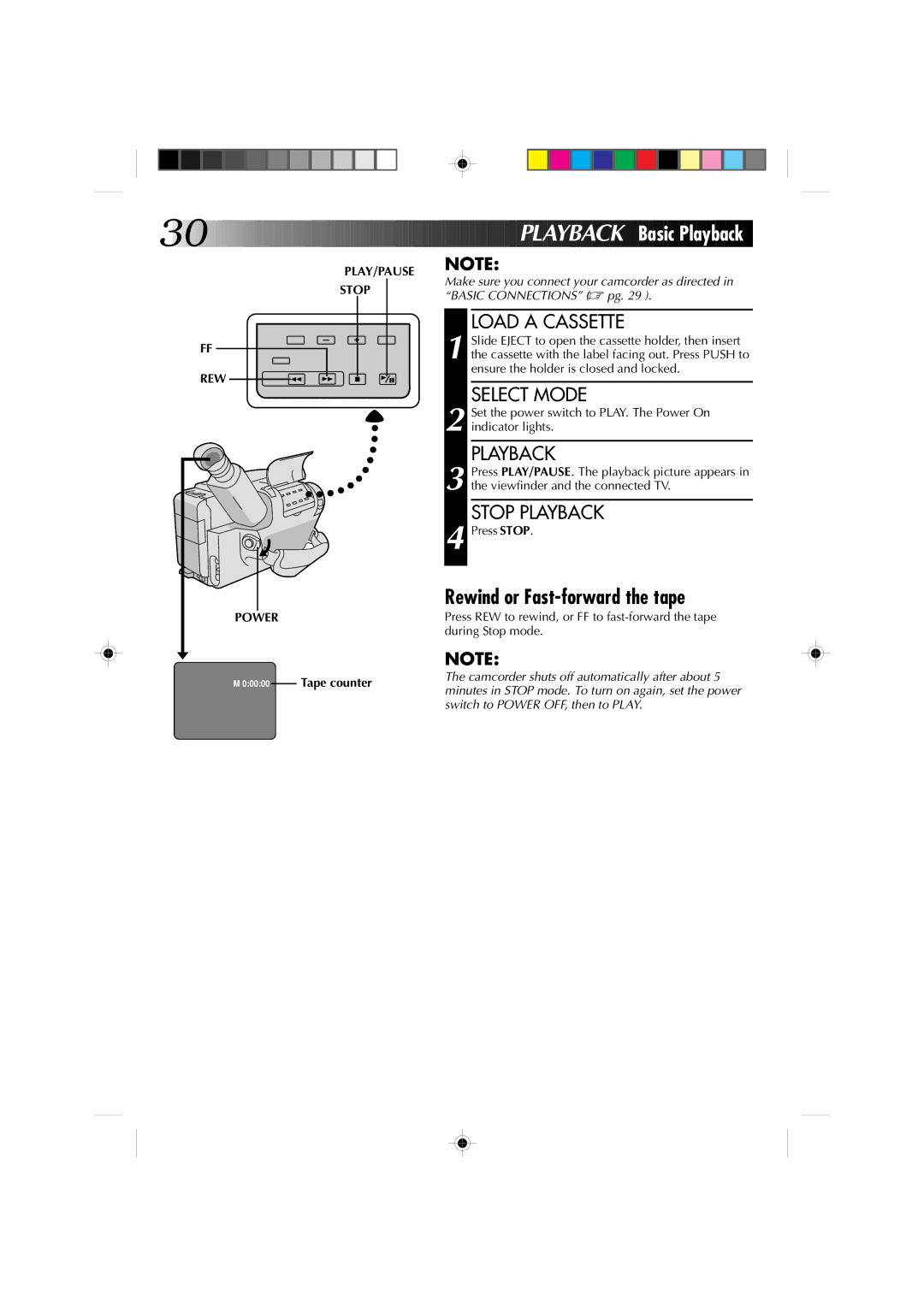 JVC GR-AX227 manual Playba CK Basic Playback, Rewind or Fast-forward the tape, Load a Cassette, Stop Playback 