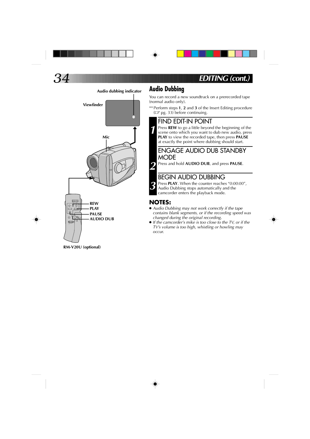 JVC GR-AX227 manual Editin G, Find EDIT-IN Point, Engage Audio DUB Standby Mode, Begin Audio Dubbing 