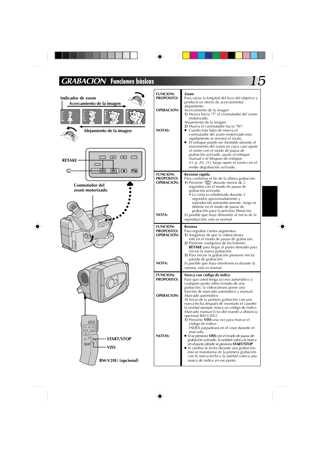 JVC GR-AX227 manual Grabacion Funciones básicas, RM-V20U opcional 